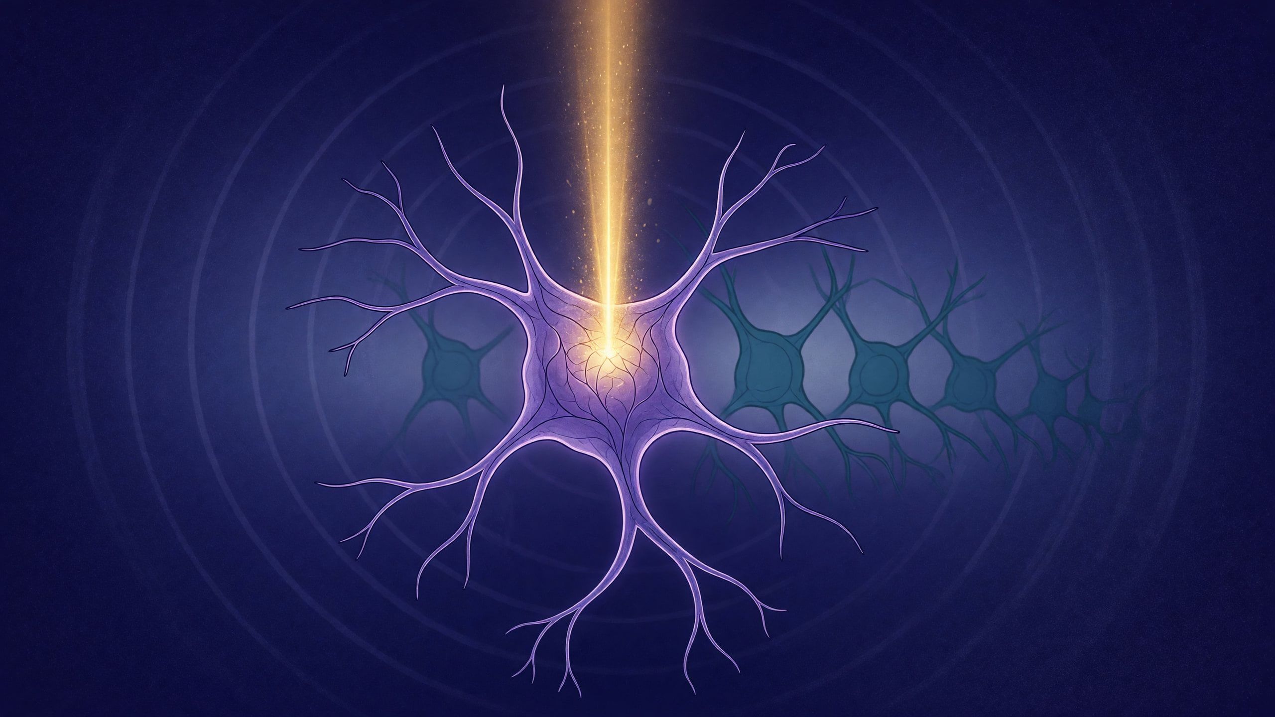ilustracja: pojedynczy neuron trafiony wiązką światła, za nim szereg identycznych nieoświetlonych neuronów