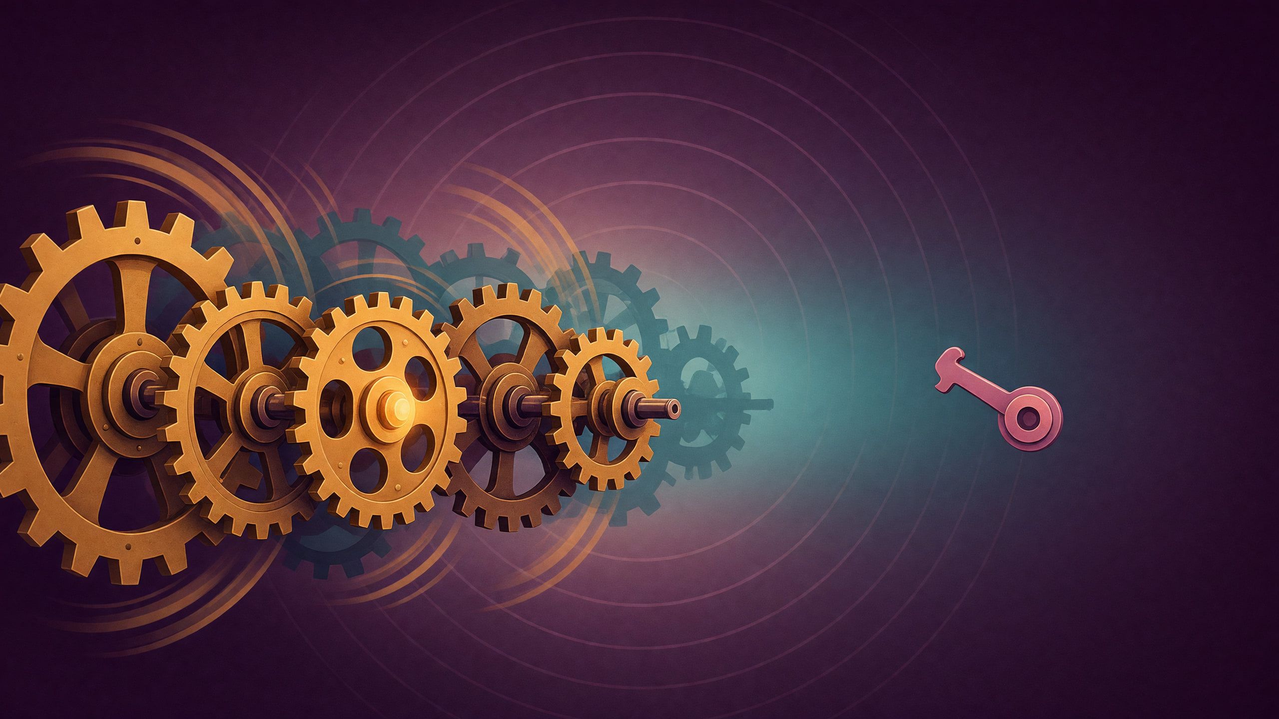 ilustracja: pracujący mechanizm zębaty, a po drugiej stronie przepaści samotna dźwignia zatrzymania, do której nie ma dojścia
