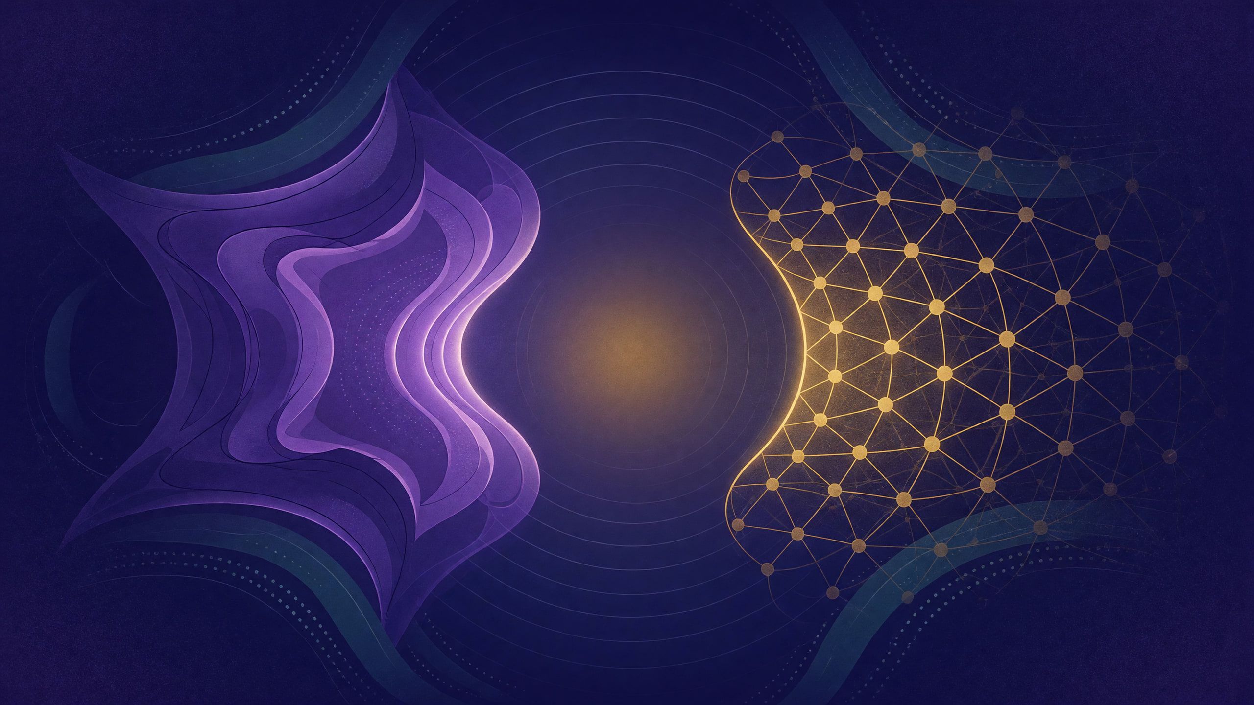 ilustracja: dwie różne struktury geometryczne zwrócone ku sobie, między nimi pusta przestrzeń, do której żadna nie sięga