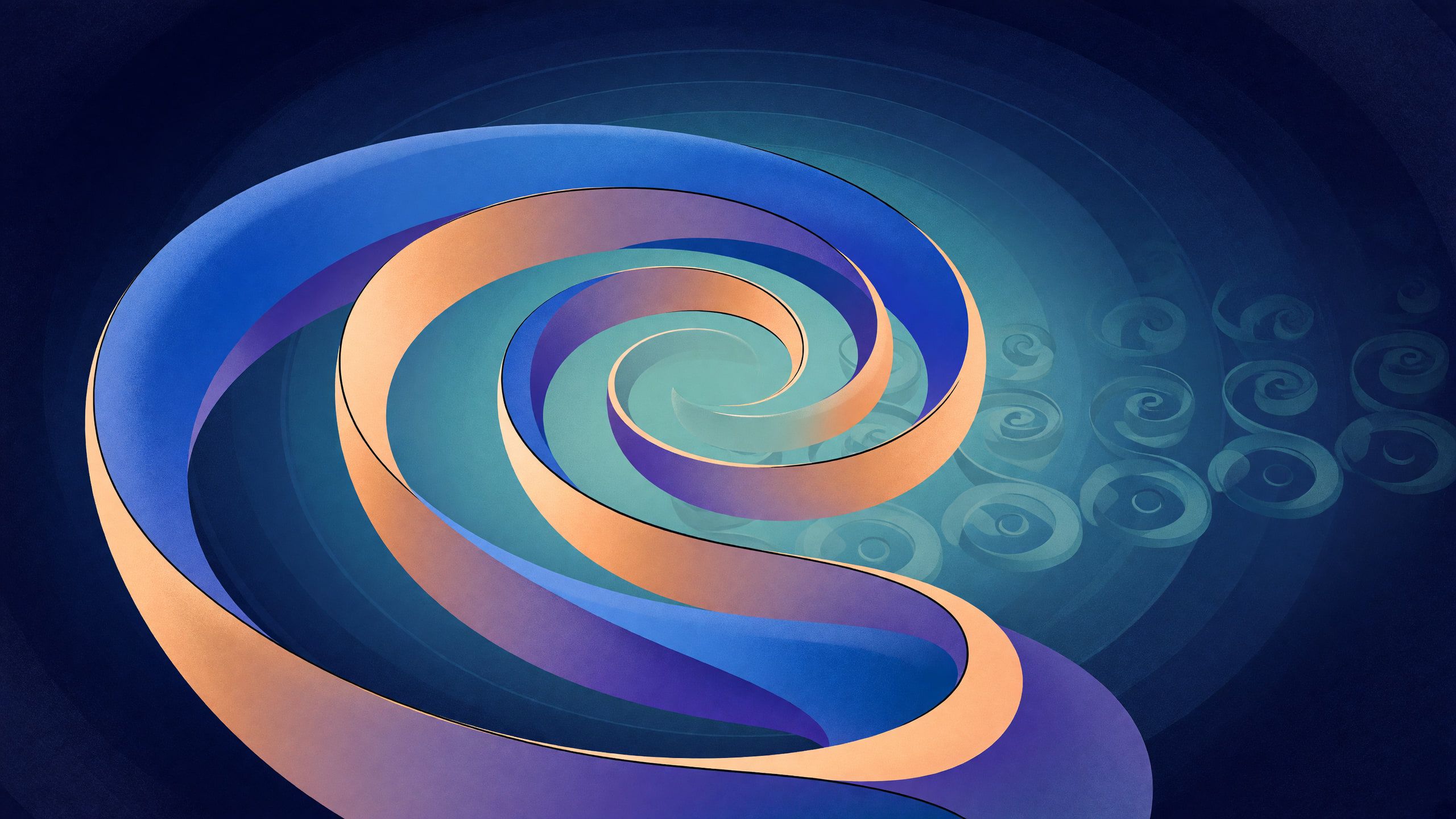 ilustracja: pojedyncza wstęga zwijająca się spiralnie do środka, na zewnętrznych zwojach szeroka i wielobarwna, ku środkowi coraz węższa i bardziej jednolita